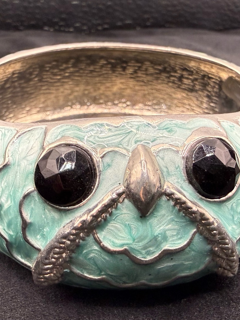 Mint Owl Enamel Bangle Bracelet with Black Faceted Eyes